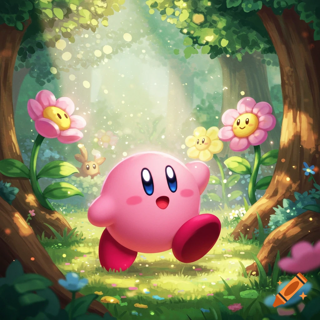 Pink Kirby runs through a magical, sunlit forest with vibrant, smiling pink and yellow flowers and sparkling particles.