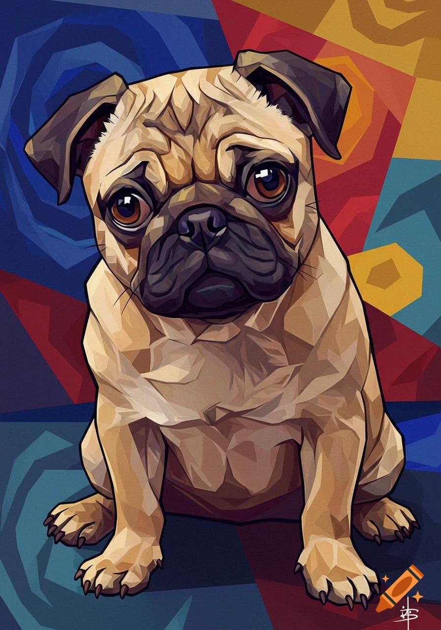 A cubist painting of a fawn pug puppy sitting and looking forward, against a colorful, geometric abstract background.