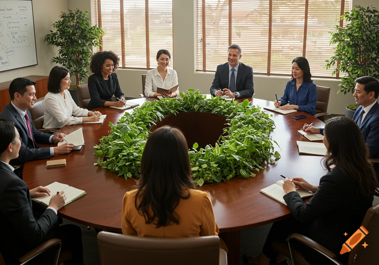 Diverse professionals seated around a large conference table adorned with lush green plants, engaged in a business meeting.