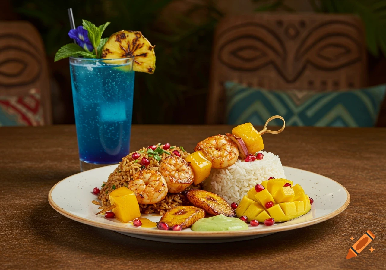 Photorealistic tropical meal: shrimp skewers, herbed rice, mango, plantains, green sauce, and a blue cocktail in a tiki restaurant.