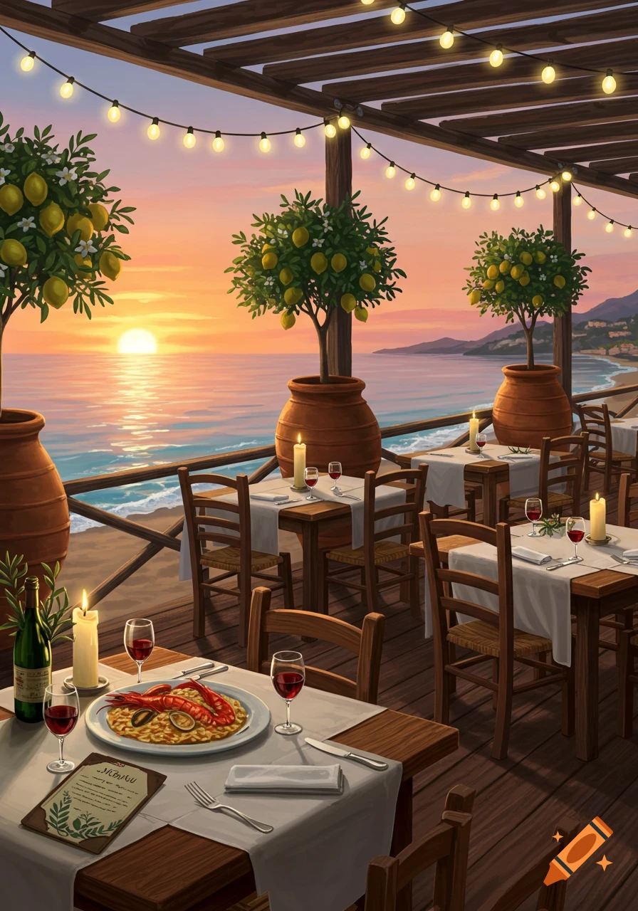 An outdoor restaurant with wooden tables and lemon trees overlooks the ocean at sunset, with string lights and candles.