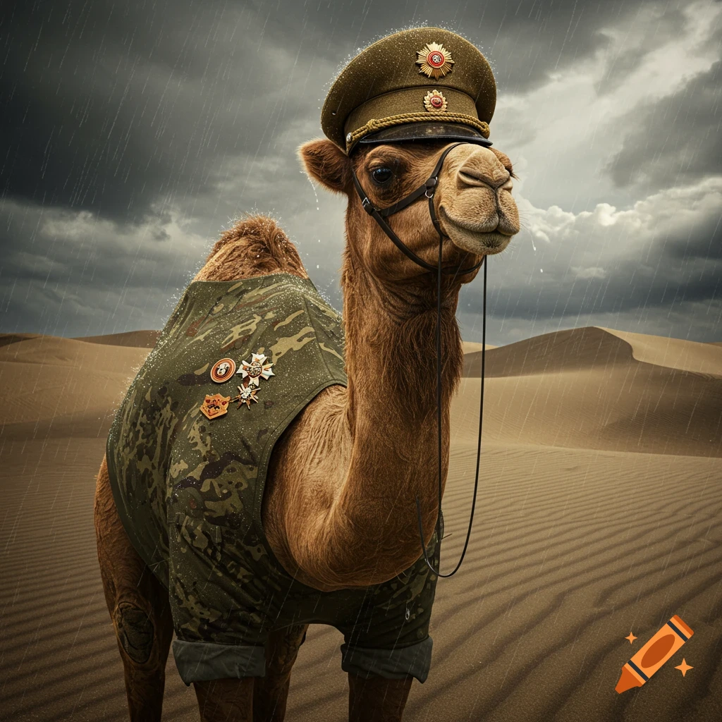 A camel in a military uniform and cap stands in a rainy desert landscape with dunes.