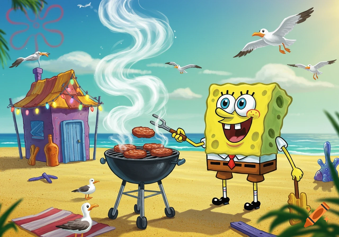 Spongebob Squarepants grills hamburgers on a sunny beach next to a decorated hut, with seagulls around.