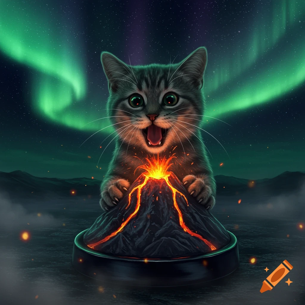 A wide-eyed cartoon cat holds a small erupting volcano under a vibrant green aurora borealis sky.