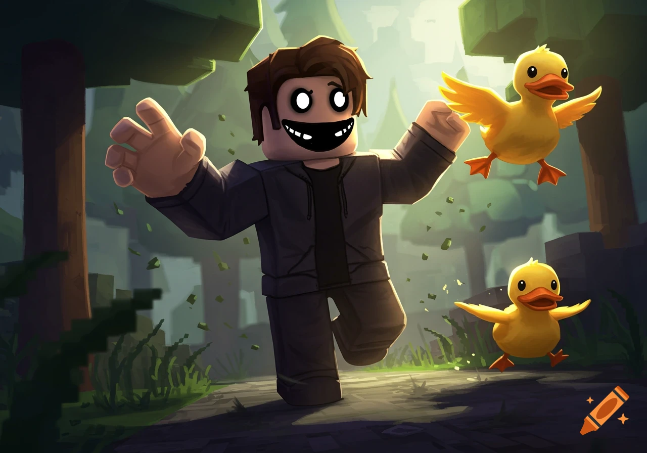 A stylized Roblox-like character with glowing white eyes and a jagged smile runs on a forest path, chasing two yellow ducks.