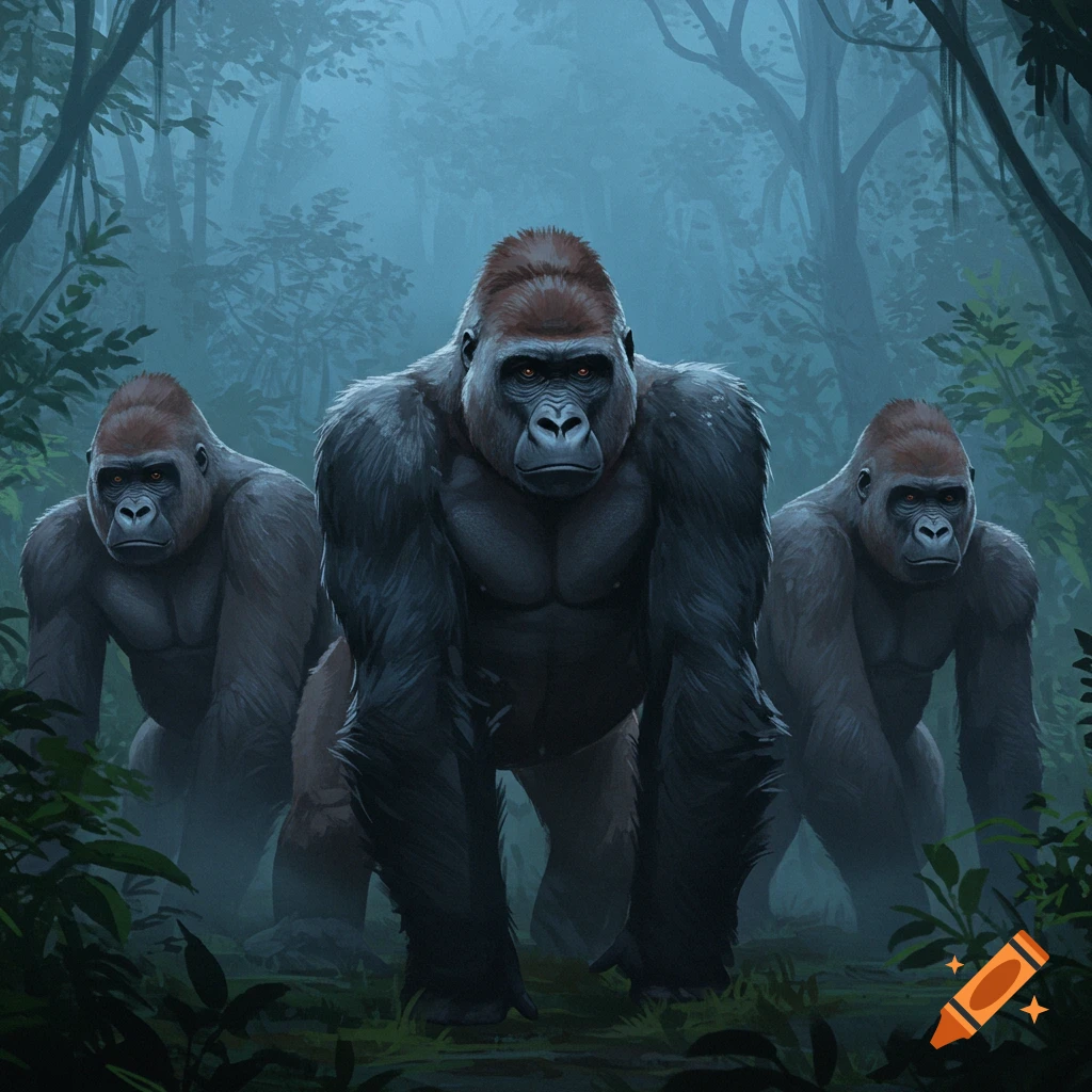 Three powerful gorillas stand amidst dense, misty jungle foliage. The central gorilla faces forward, with two others partially visible behind it.
