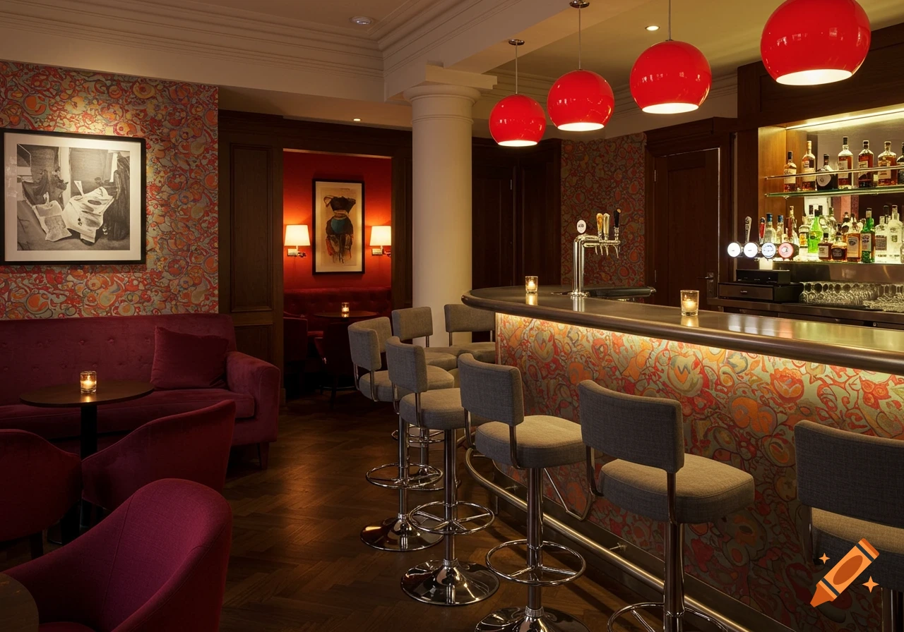 A cozy, modern hotel bar with a long counter, fabric bar stools, red pendant lights, and patterned walls.