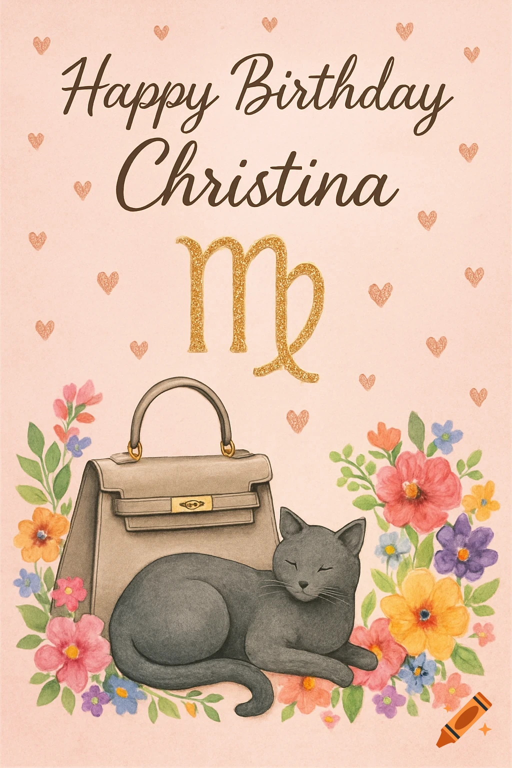 A birthday card with 'Happy Birthday Christina,' a glittery gold Virgo symbol, a grey cat, a beige handbag, and colorful flowers on a pink background with hearts.