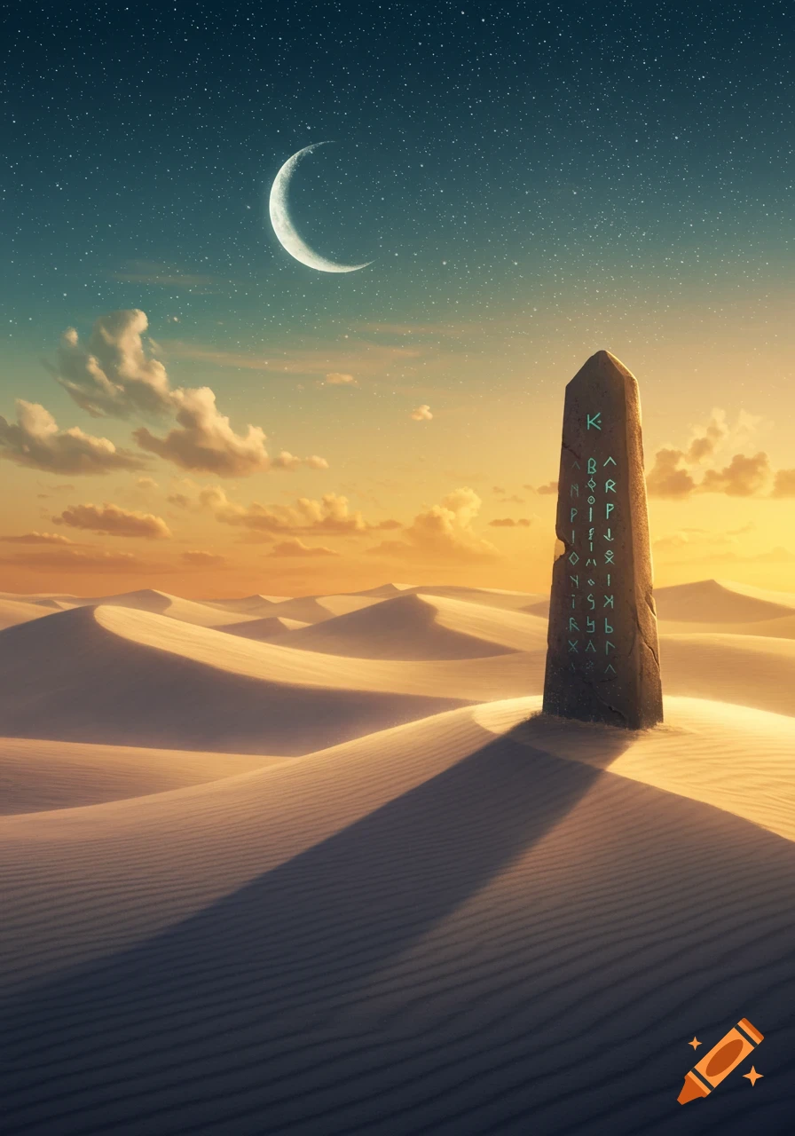 A mystical desert landscape at twilight with a crescent moon, stars, and a rune-covered monolith.