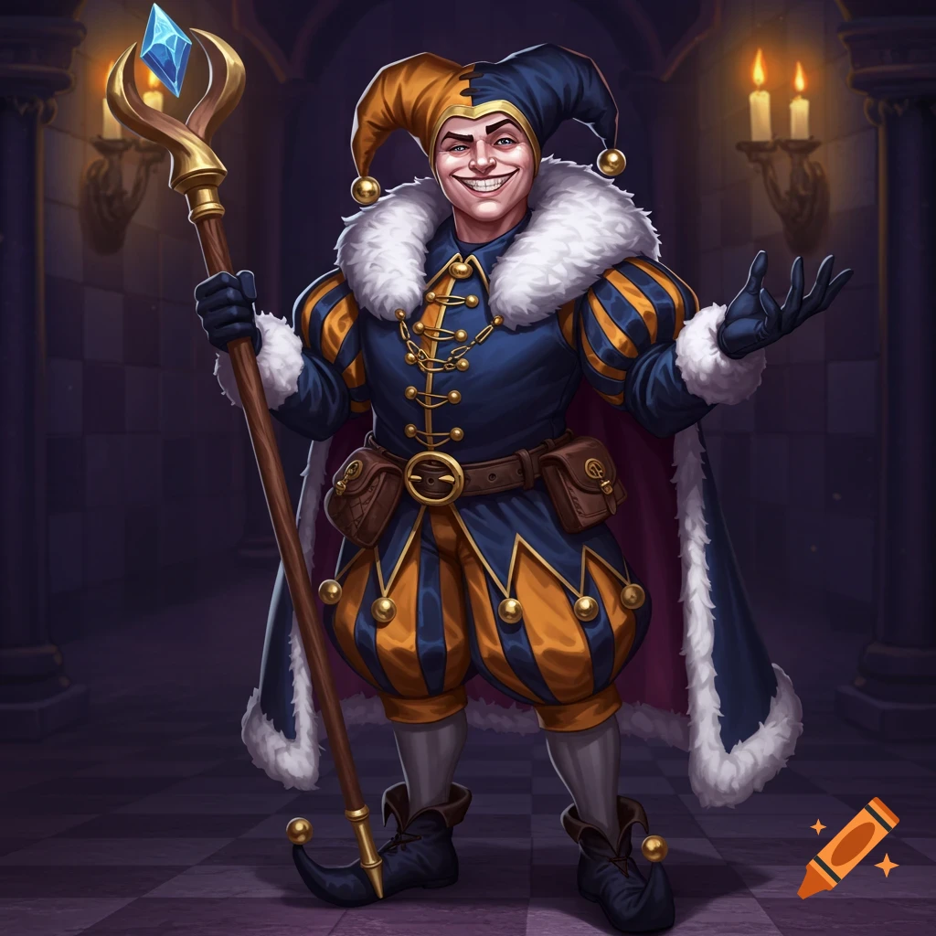 A smiling jester in a blue and gold costume with white fur trim holds a staff with a blue crystal, standing in a dim castle hall.