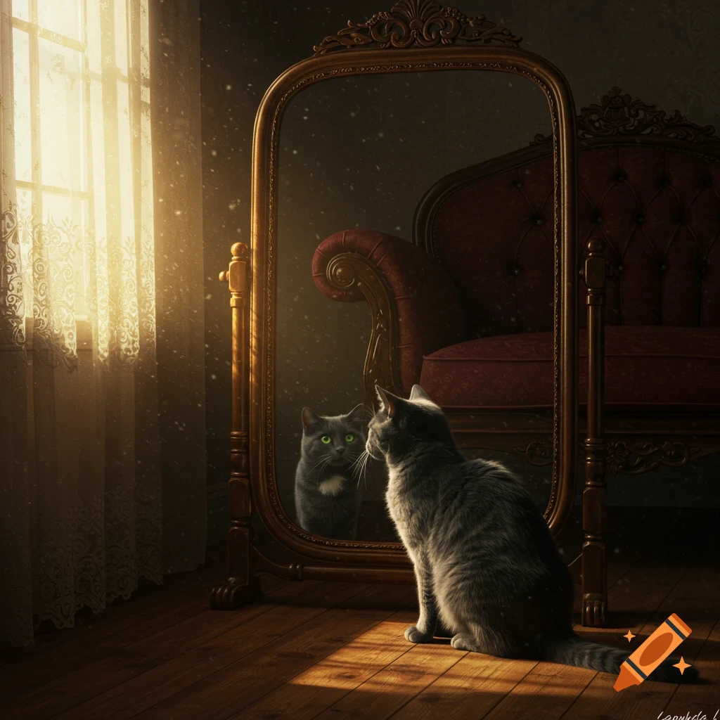 A photorealistic grey cat looks into an ornate mirror in a sun-drenched room with wooden floors and a red chair.