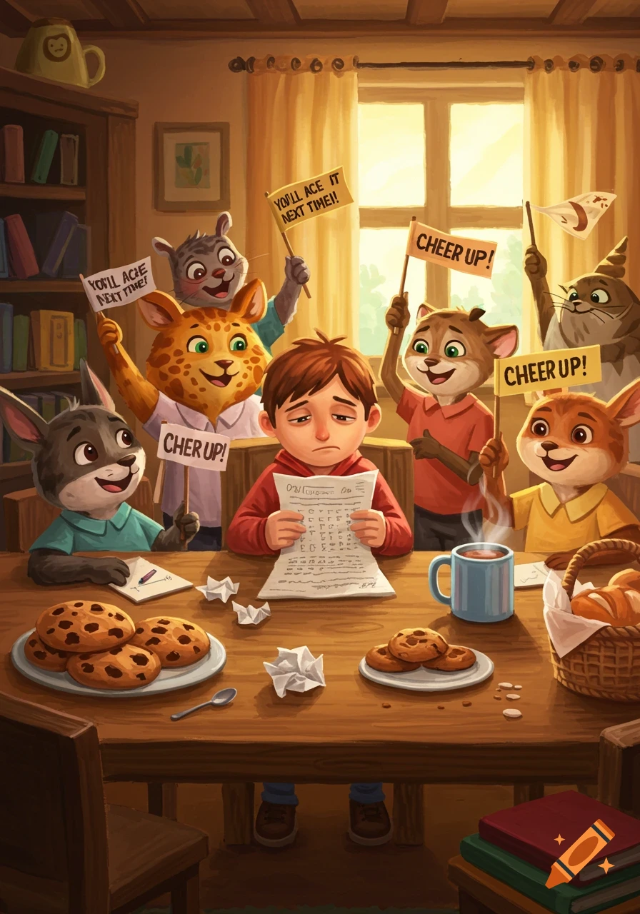 A sad boy sits at a table with a test paper, surrounded by his cheerful anthropomorphic animal friends holding encouraging signs, cartoon illustration.