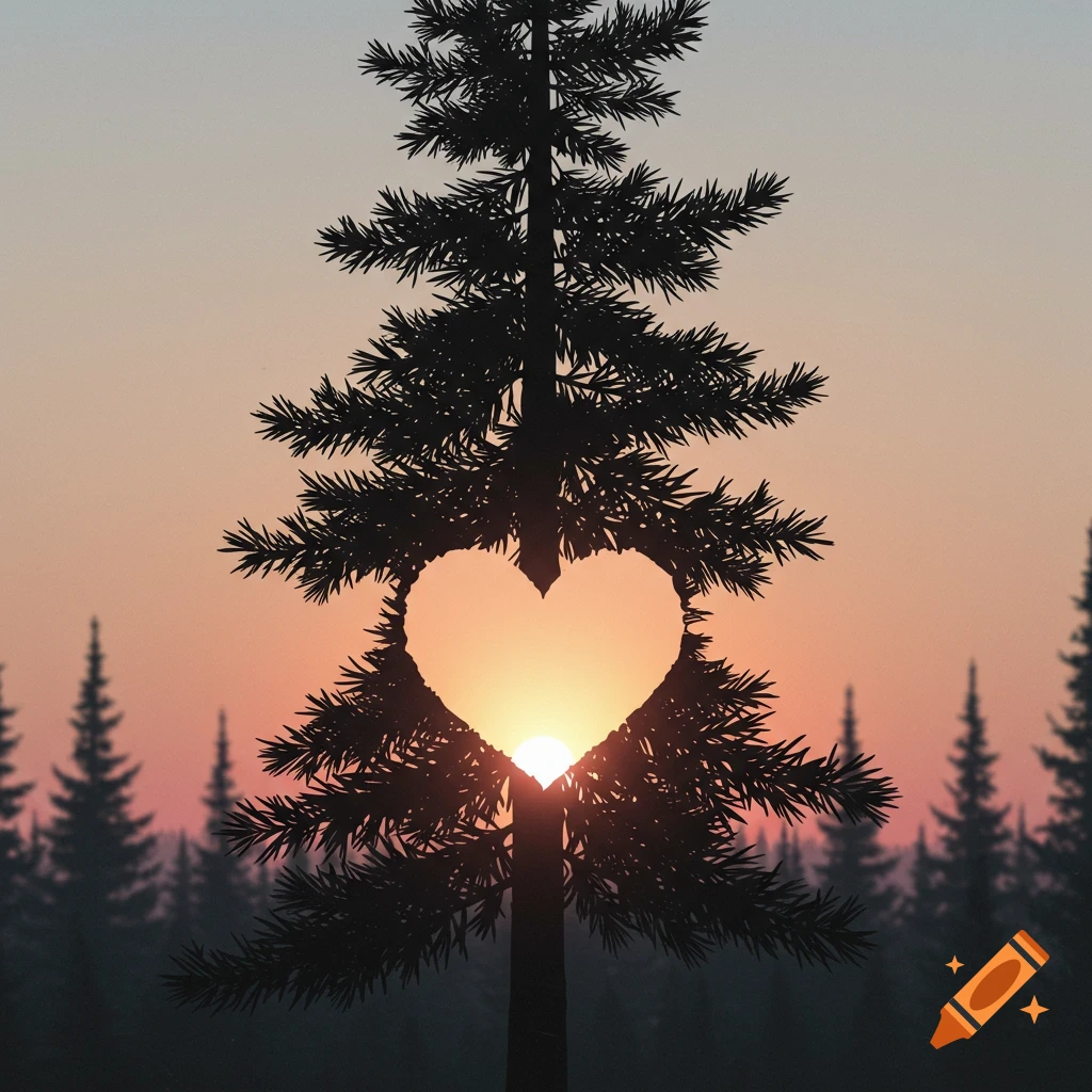 Silhouette of a pine tree with a heart-shaped cutout, revealing a bright sunset through the opening.