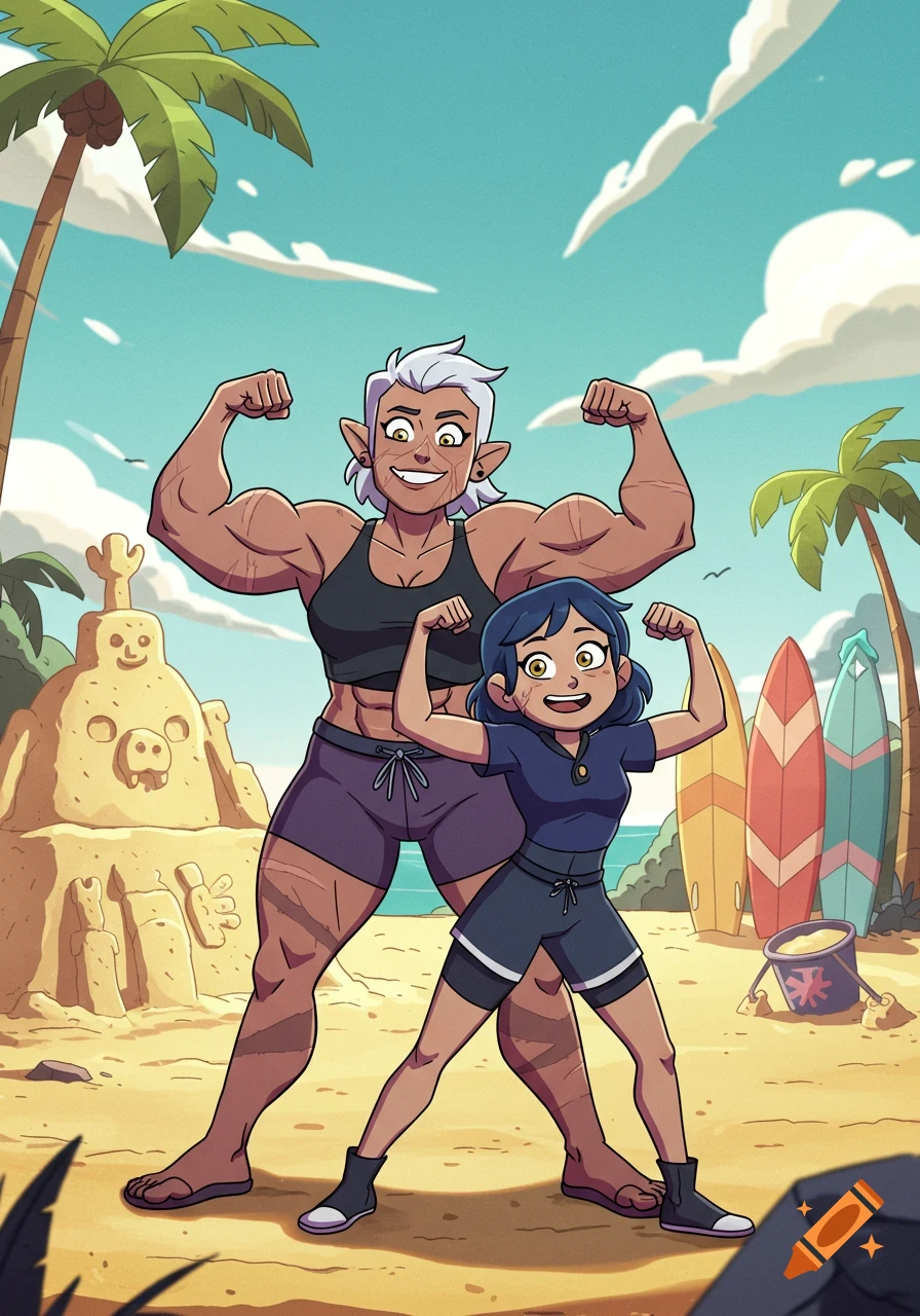 A muscular adult elf with white hair and scars and a child flex their muscles on a sunny cartoon beach.
