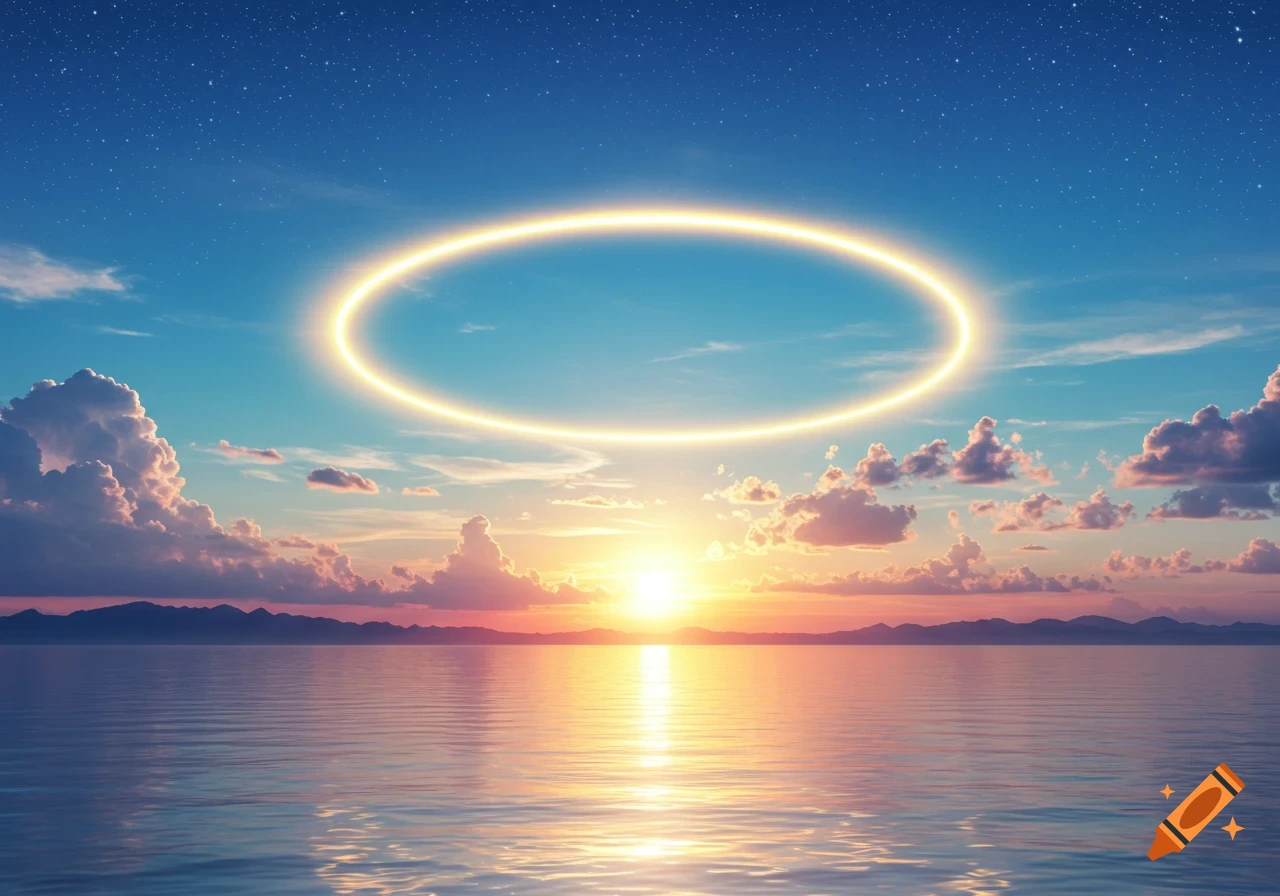 A large, glowing yellow halo floats in a starry twilight sky above a calm ocean, reflecting a vibrant sunset over distant mountains.