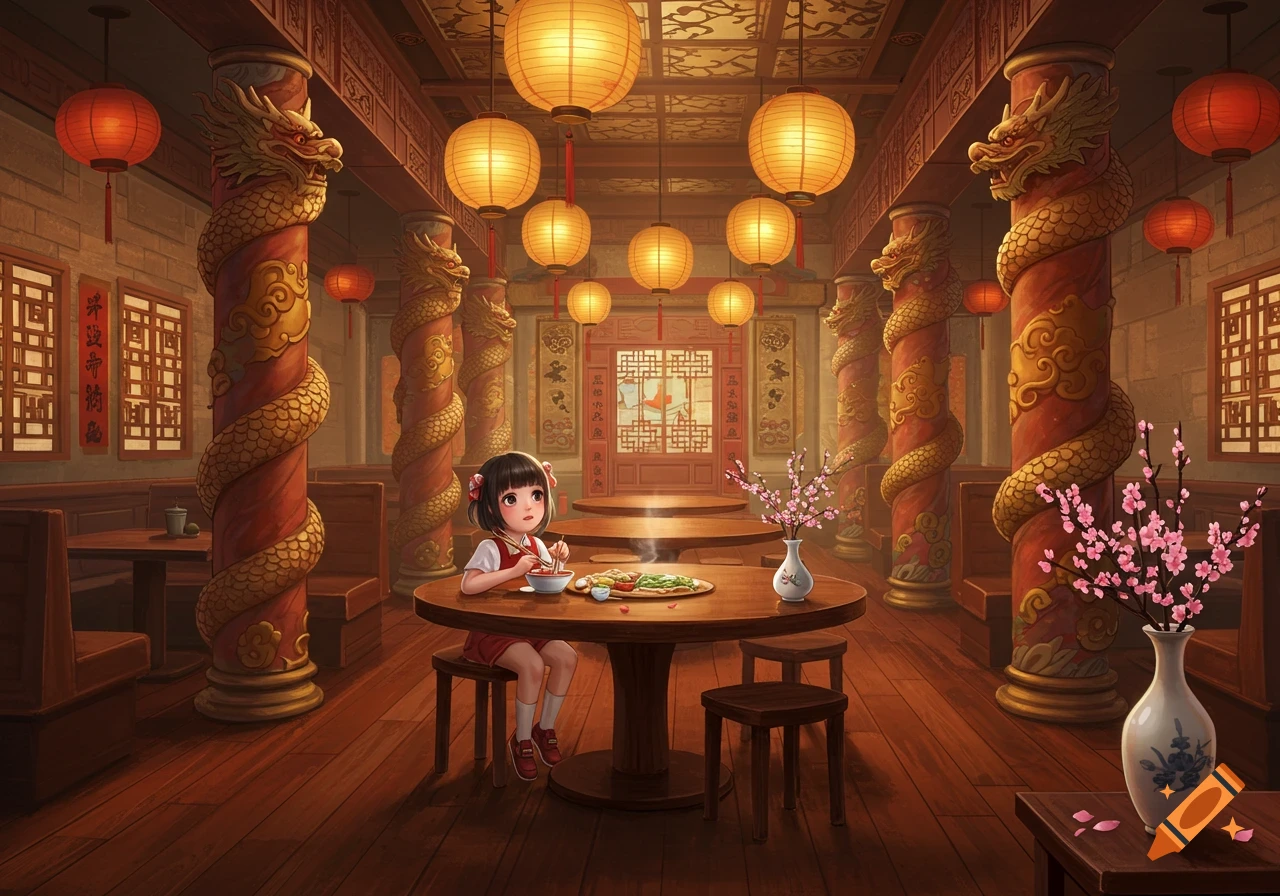 Anime-style illustration of a small girl eating at a table in a beautifully decorated Chinese restaurant with dragon pillars and hanging lanterns.