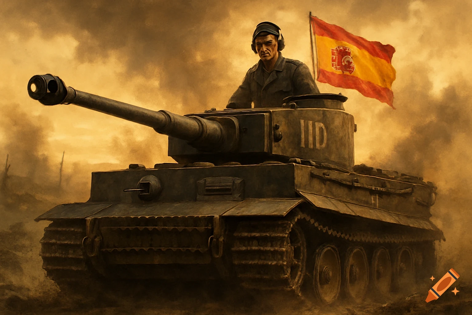 A soldier in a Tiger I tank, with a Spanish flag, moving through a dusty battlefield in a painterly style.