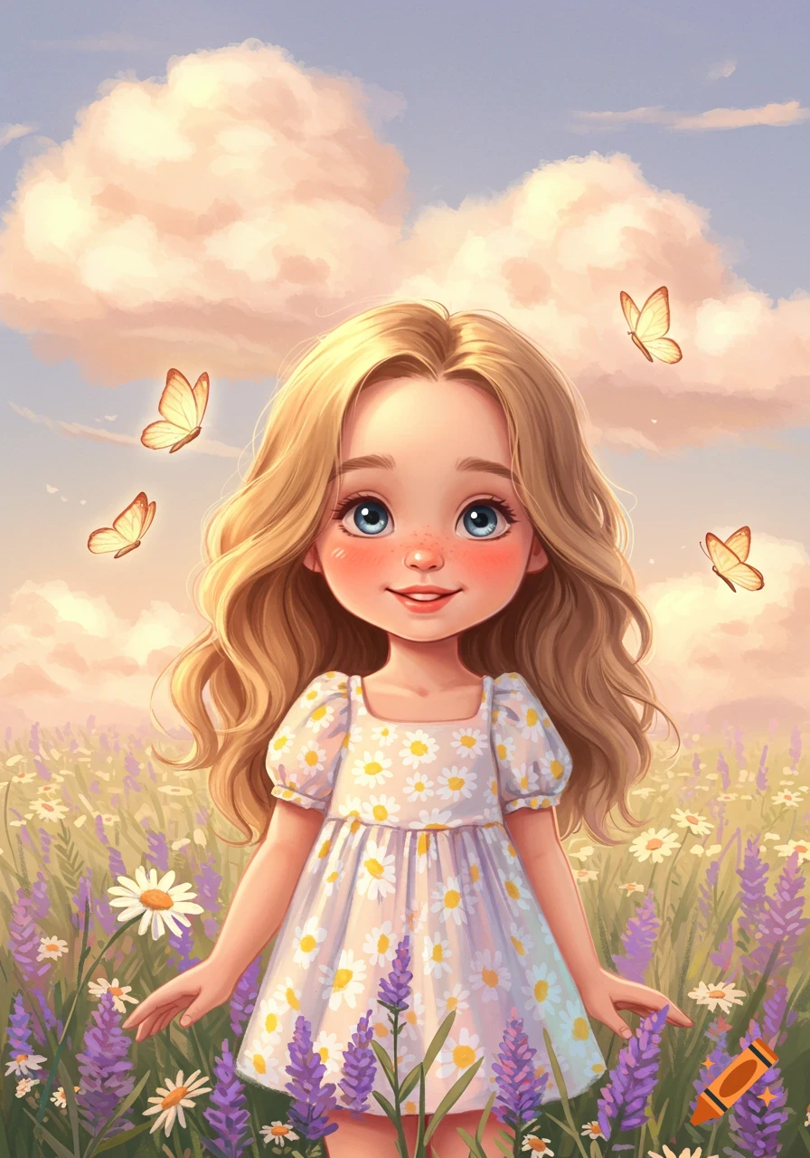 A cute cartoon girl with blonde hair and blue eyes, wearing a daisy dress, smiles in a vibrant field of lavender and wildflowers with butterflies.