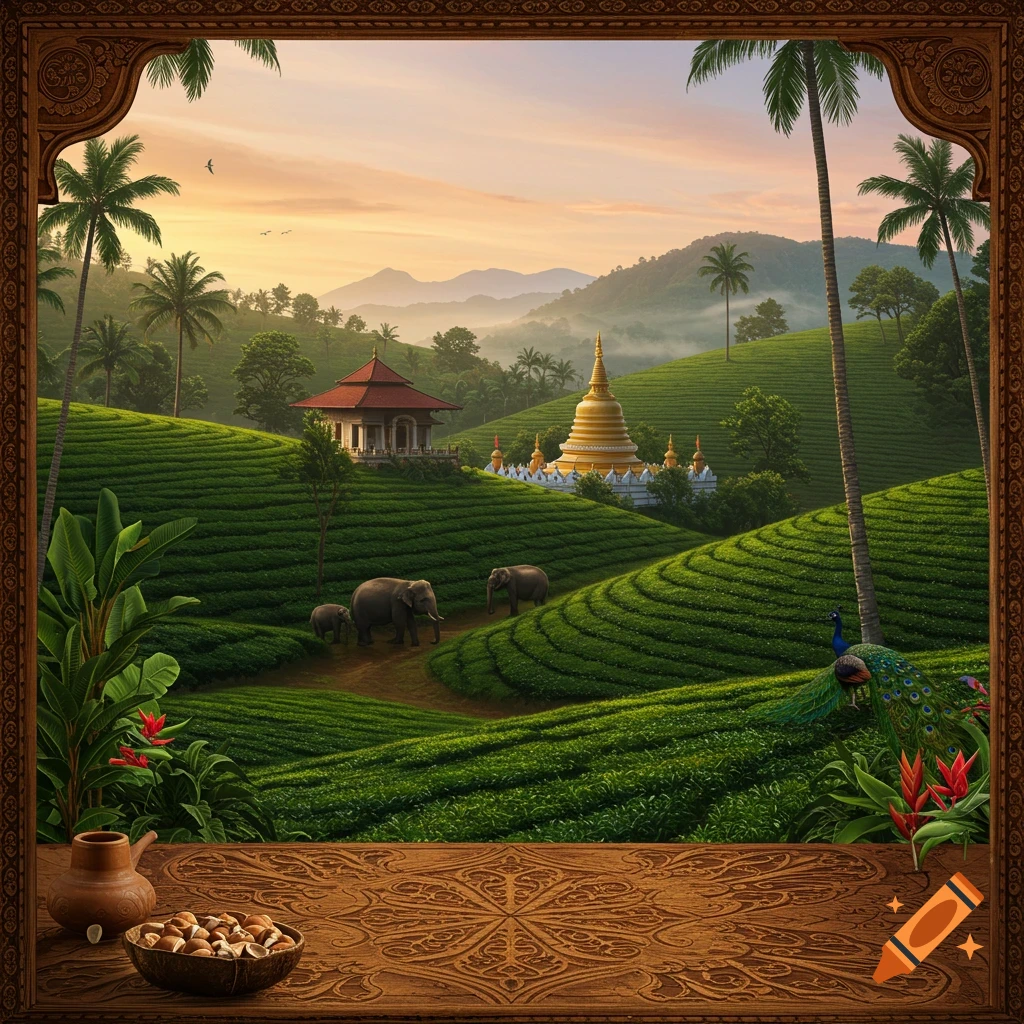A vibrant Sri Lankan landscape shows green tea plantations, a golden temple, elephants, and a peacock, framed by carved wood.
