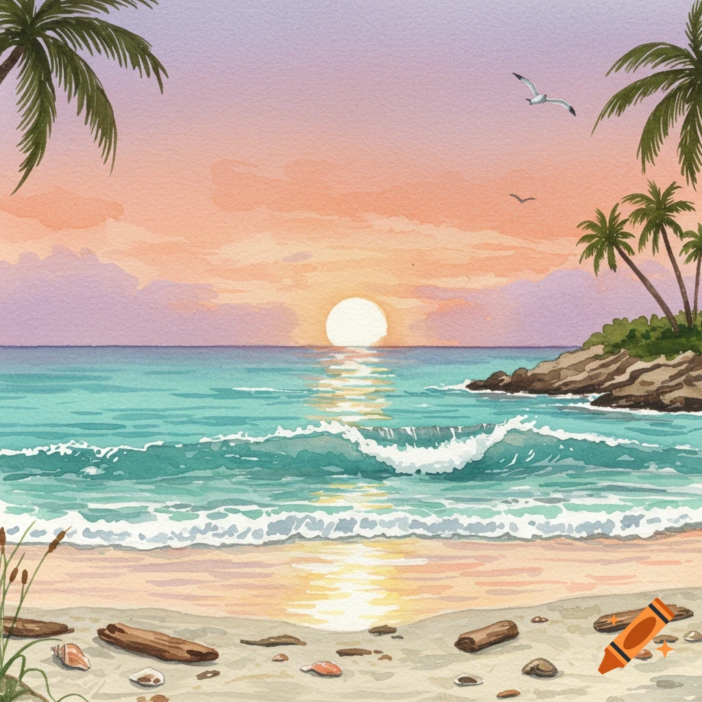 Watercolor painting of a vibrant beach sunset with palm trees, ocean waves, and a bright sun reflecting on the water.