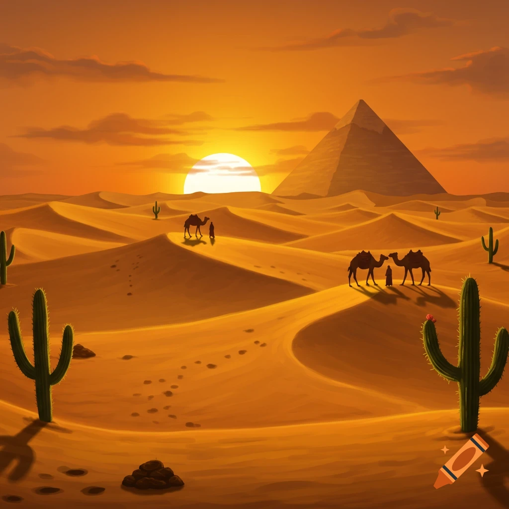 A vibrant sunset over a golden desert landscape with sand dunes, cacti, camels, and a large pyramid in the distance.