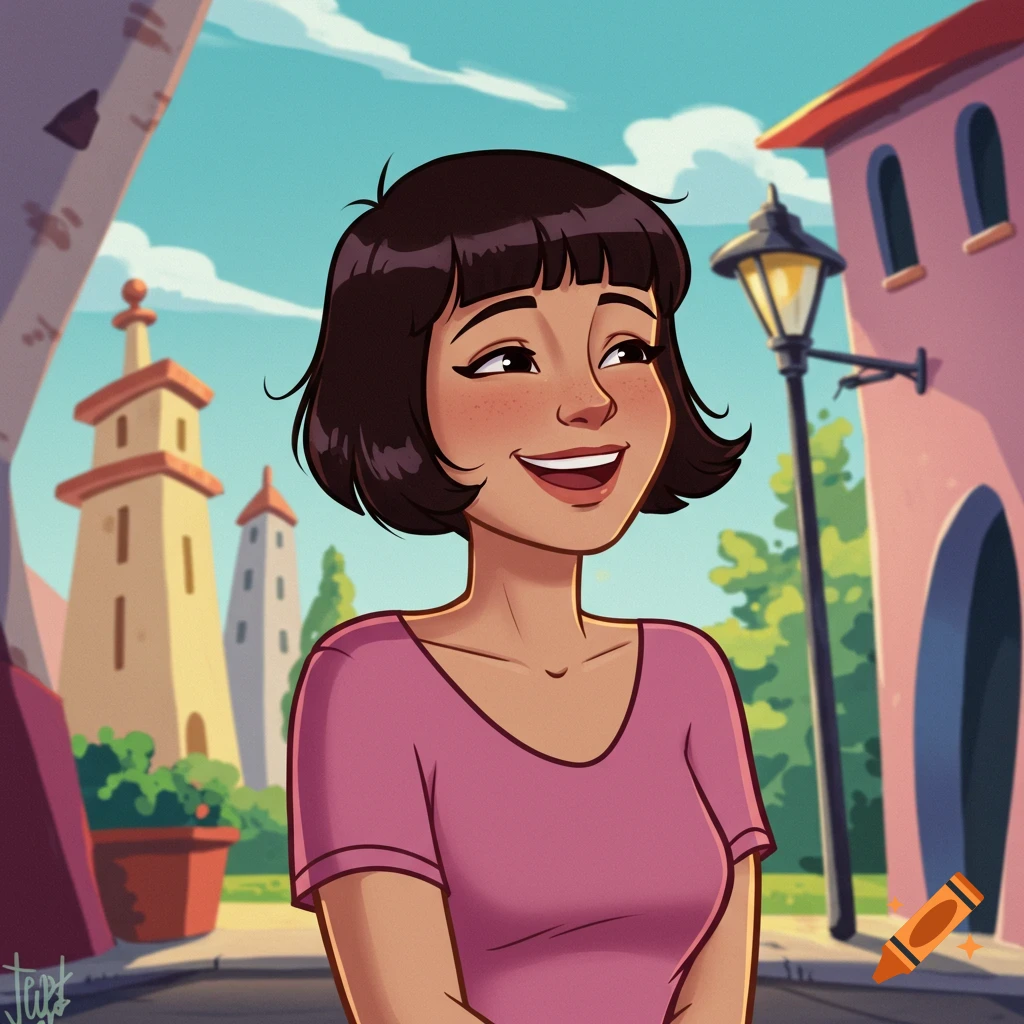 A smiling cartoon woman with short dark hair in a pink shirt stands in a sunny, colorful town square.