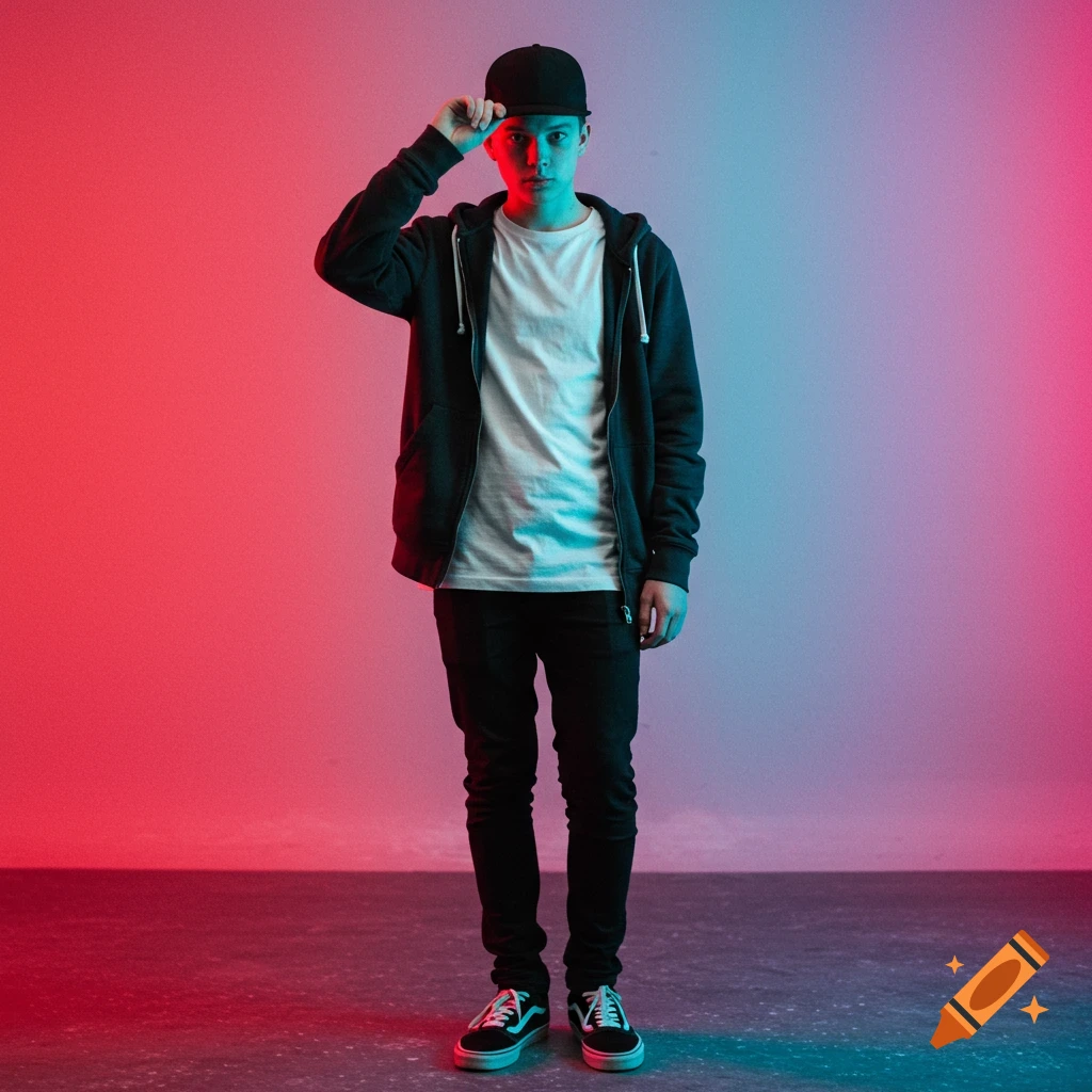 Photorealistic young person in a hoodie, jeans, and cap stands against a vivid red and blue gradient background.