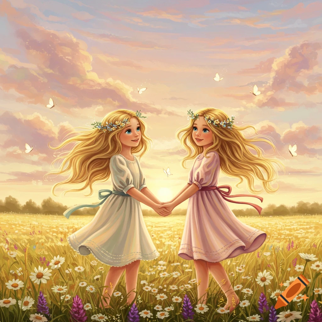Two smiling blonde girls with flower crowns holding hands in a field of wildflowers at sunset, in a whimsical art style.