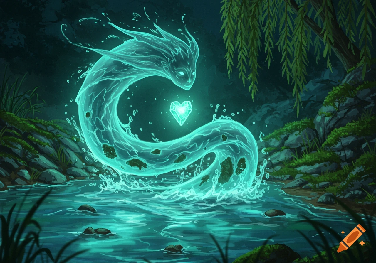 A glowing, serpentine water spirit rises from a dark river, holding a crystalline heart, surrounded by rocks and willow trees.