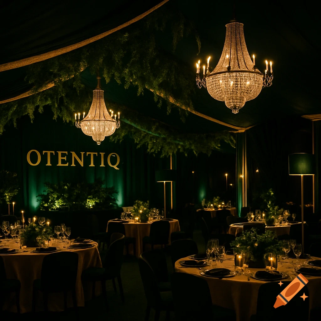 Elegant event hall in green, gold, and black with chandeliers, dining tables, foliage, and 'OTENTIQ' signage.