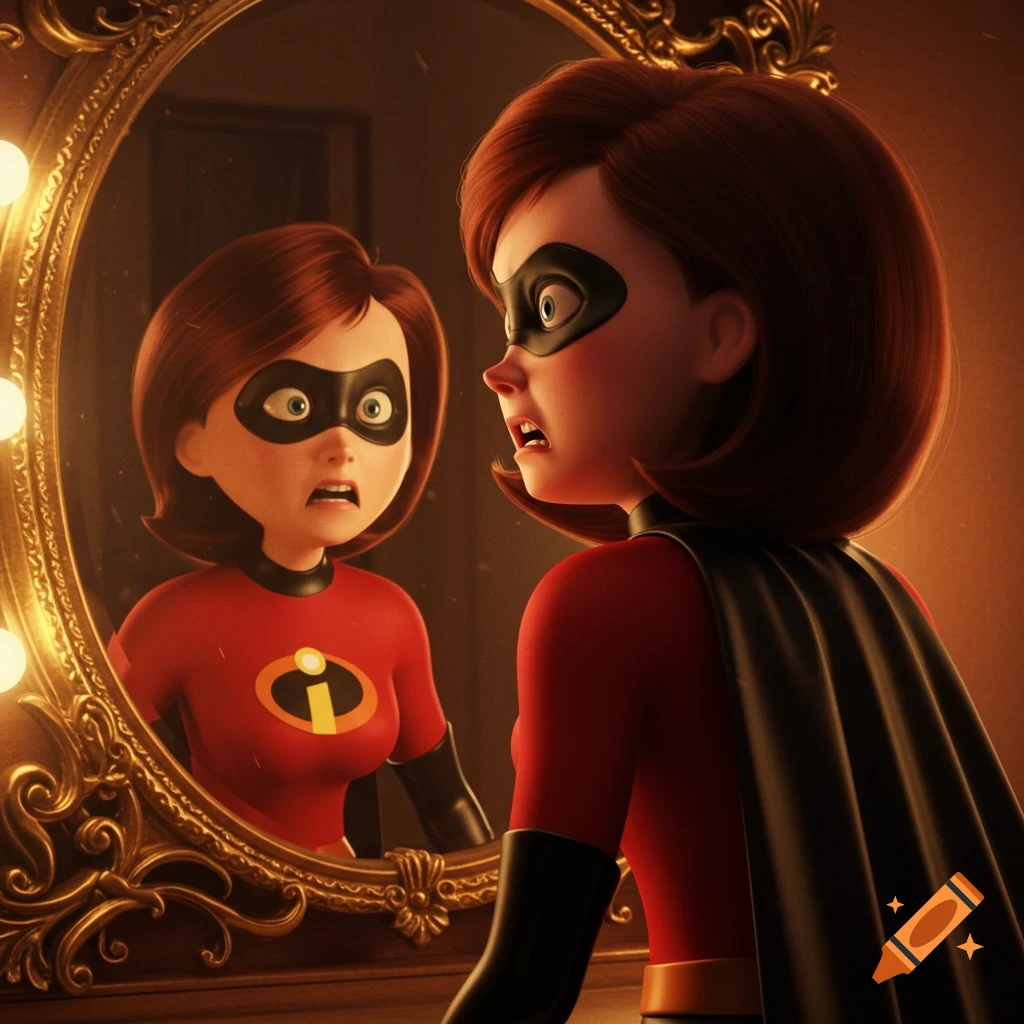 Elastigirl, in her superhero suit, looks at her shocked reflection in a gold-framed mirror, her expression mirroring anger and surprise.