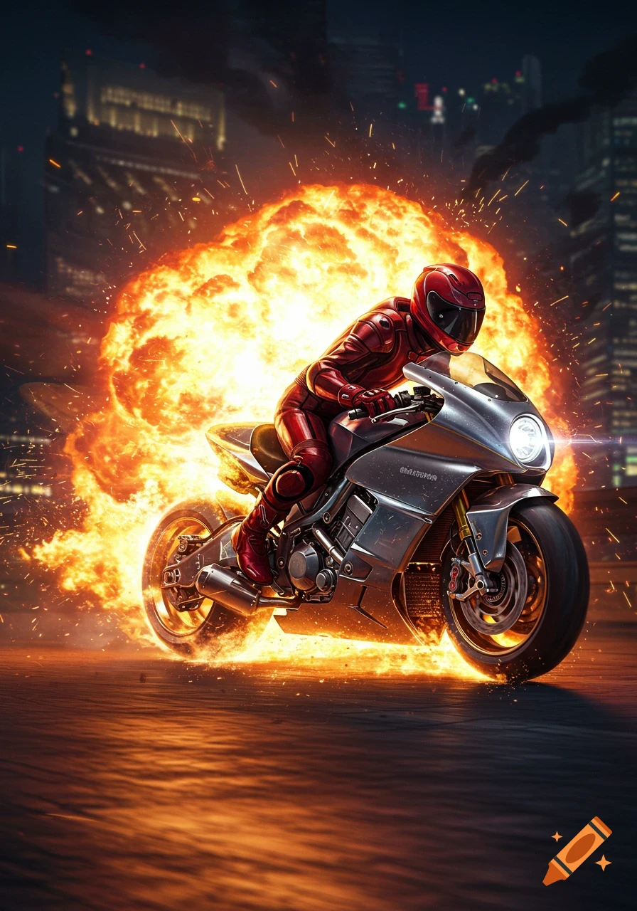 A rider in a red suit on a silver motorbike speeds away from a massive explosion with sparks flying in a city at night.