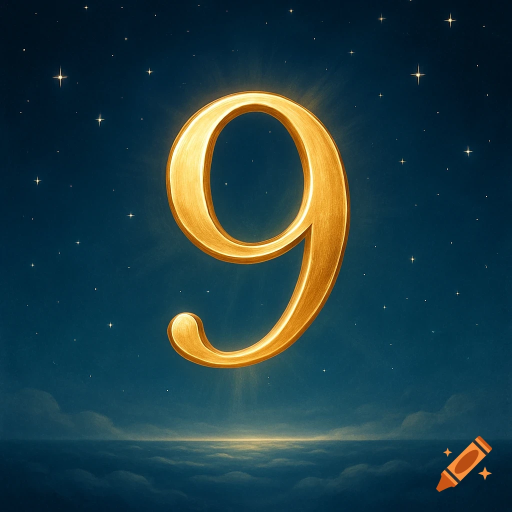 A glowing golden number 9 floats in a dark blue starry night sky above a layer of clouds.