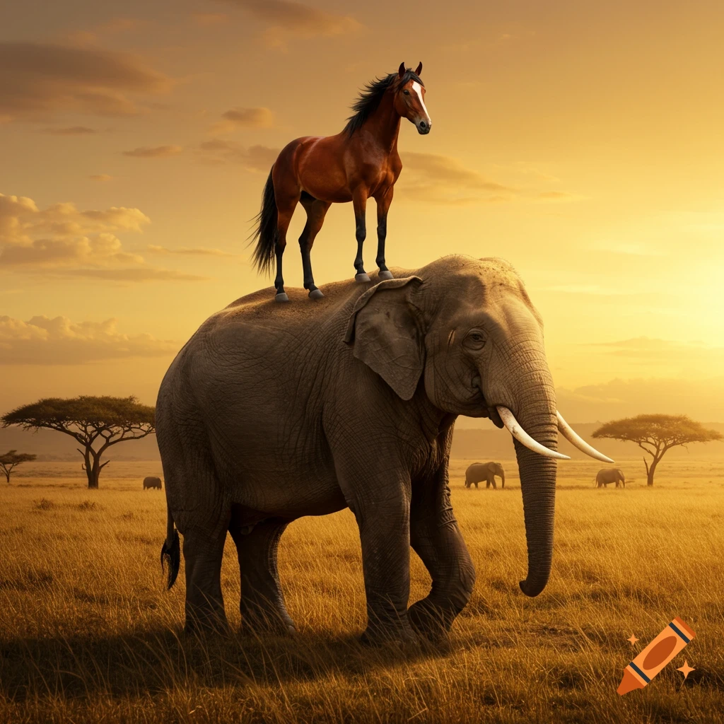 A photorealistic image of a brown horse standing on a large elephant's back, walking through a golden savanna at sunset.