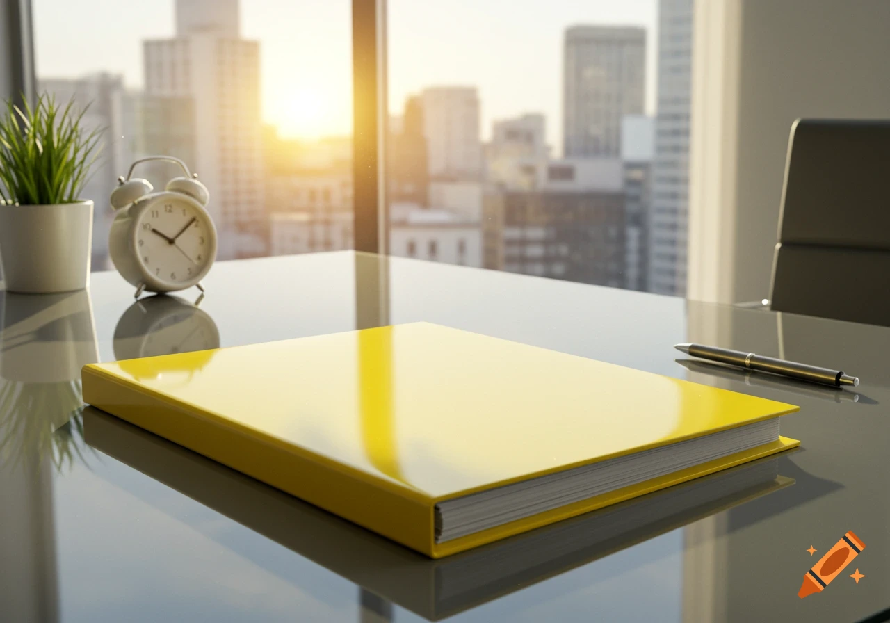 A yellow folder, white alarm clock, and black pen on a reflective desk in an office, with a city skyline at sunset.