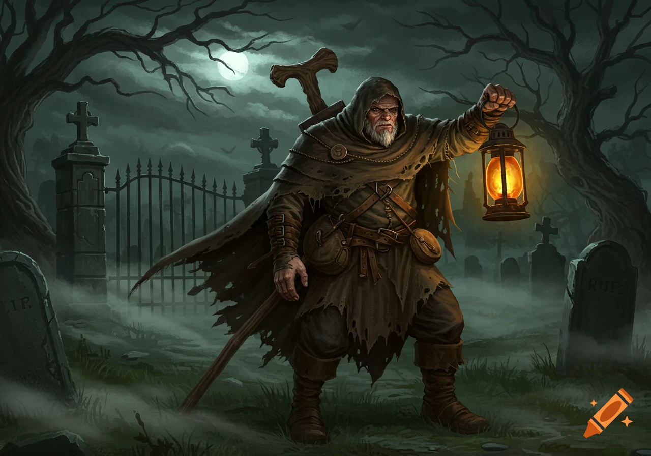 A rugged, cloaked gravekeeper with a lantern stands in a dark, misty graveyard under a full moon, dark fantasy illustration.