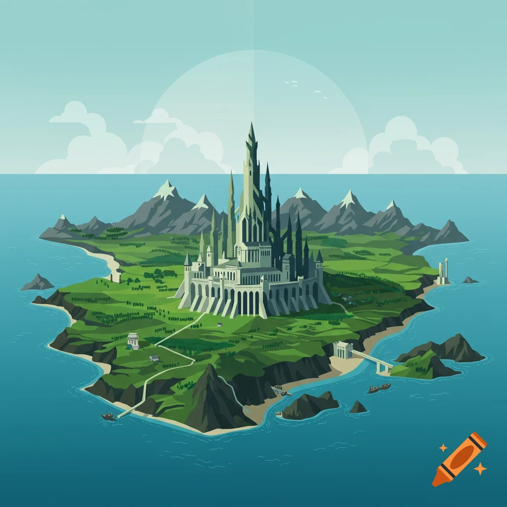 Isometric illustration of a fantasy island with a towering white castle, mountains, green fields, and surrounding blue water.