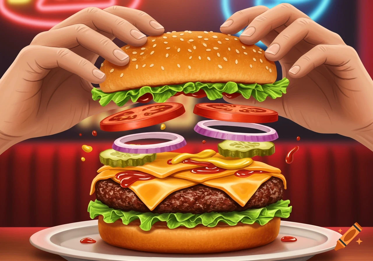 Stylized illustration of a burger with ingredients like patty, cheese, lettuce, tomatoes, onions, and pickles floating, as hands hold the top bun.