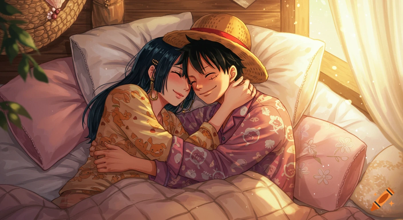 Anime art of Luffy and Hancock from One Piece cuddling in bed, smiling in pajamas bathed in warm sunlight.