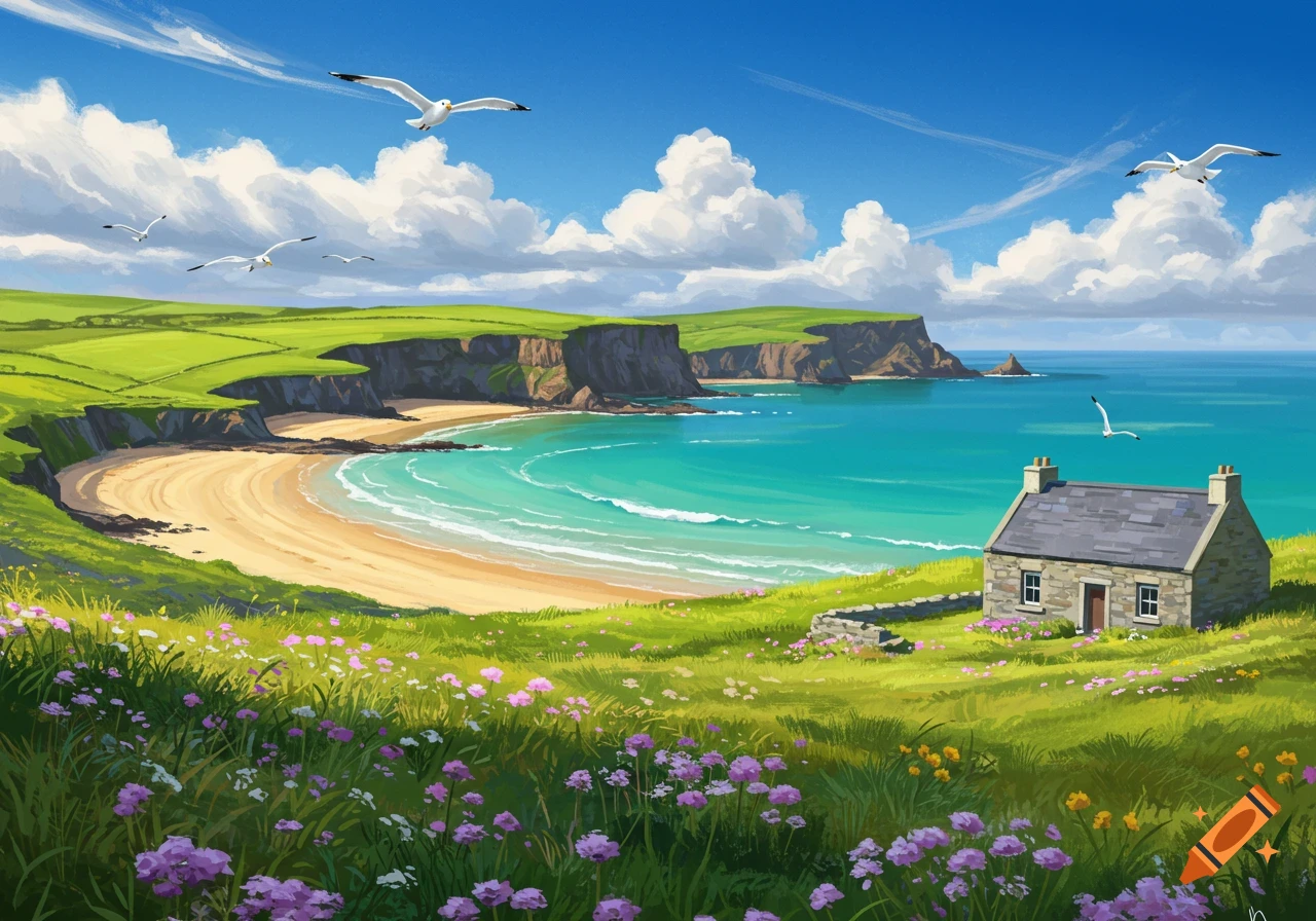 A vibrant, painterly scene of a sunny coastal landscape with green hills, a sandy beach, turquoise water, cliffs, a small stone cottage, and seagulls flying overhead.