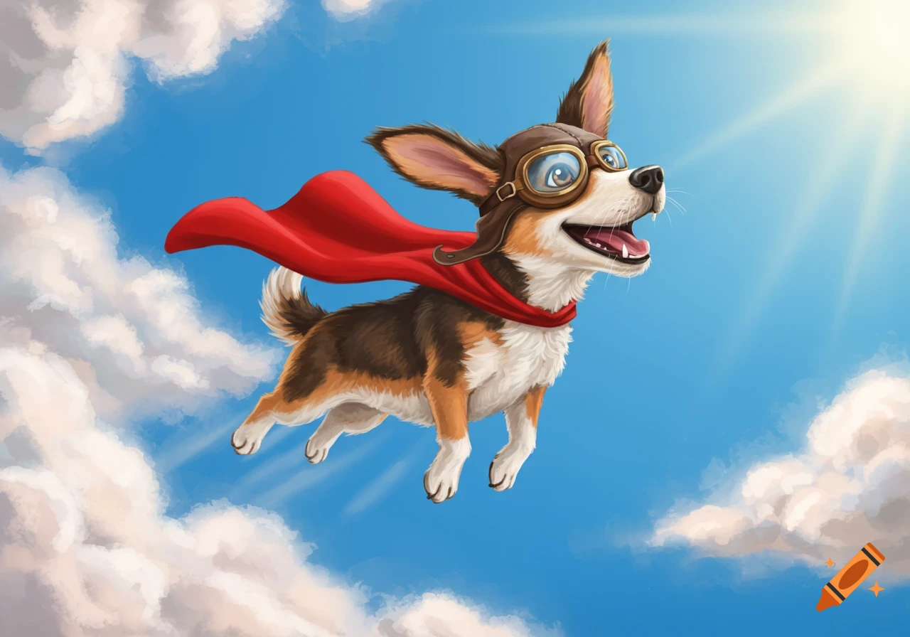 A cartoon flying dog wearing a red cape and pilot goggles against a blue sky with clouds.