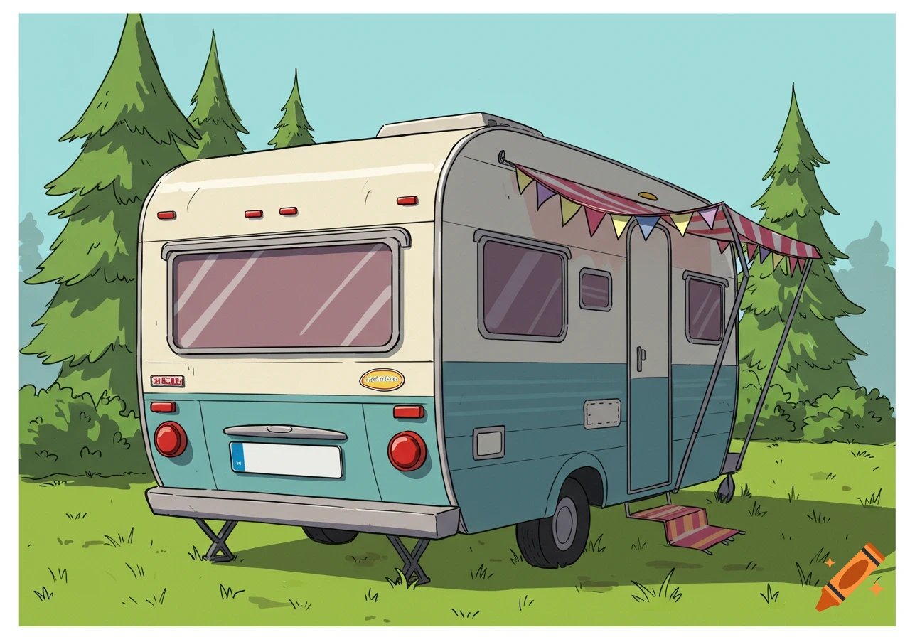 A cartoon camper van parked in a grassy field with pine trees, seen from the rear.