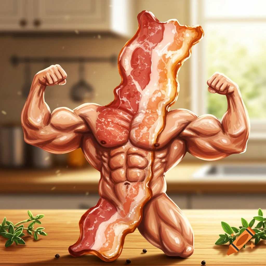 A muscular, anthropomorphic figure made of bacon flexing its biceps on a wooden kitchen counter with herbs.