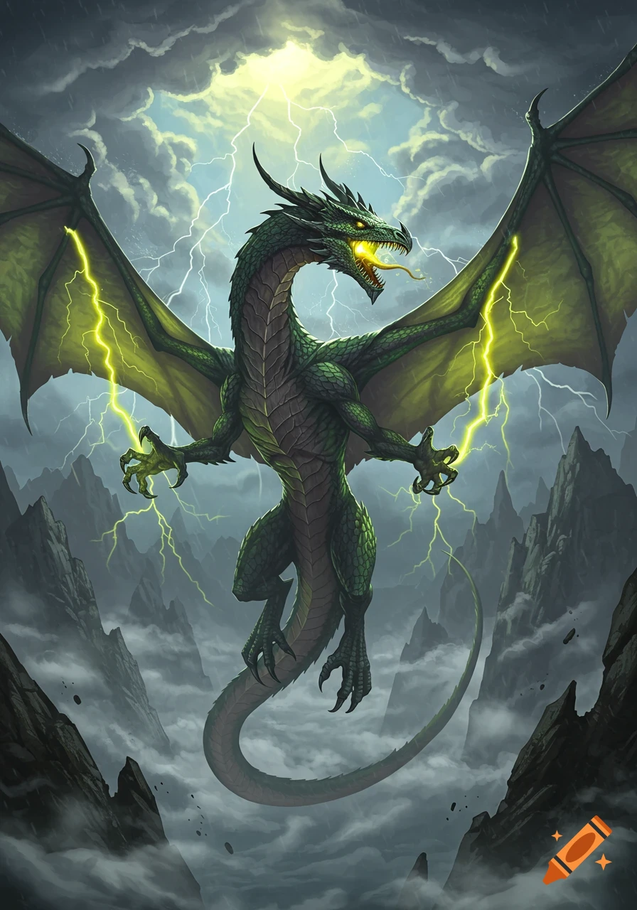 A mighty green dragon with glowing eyes and mouth, flying through a stormy, lightning-filled sky above jagged mountains.