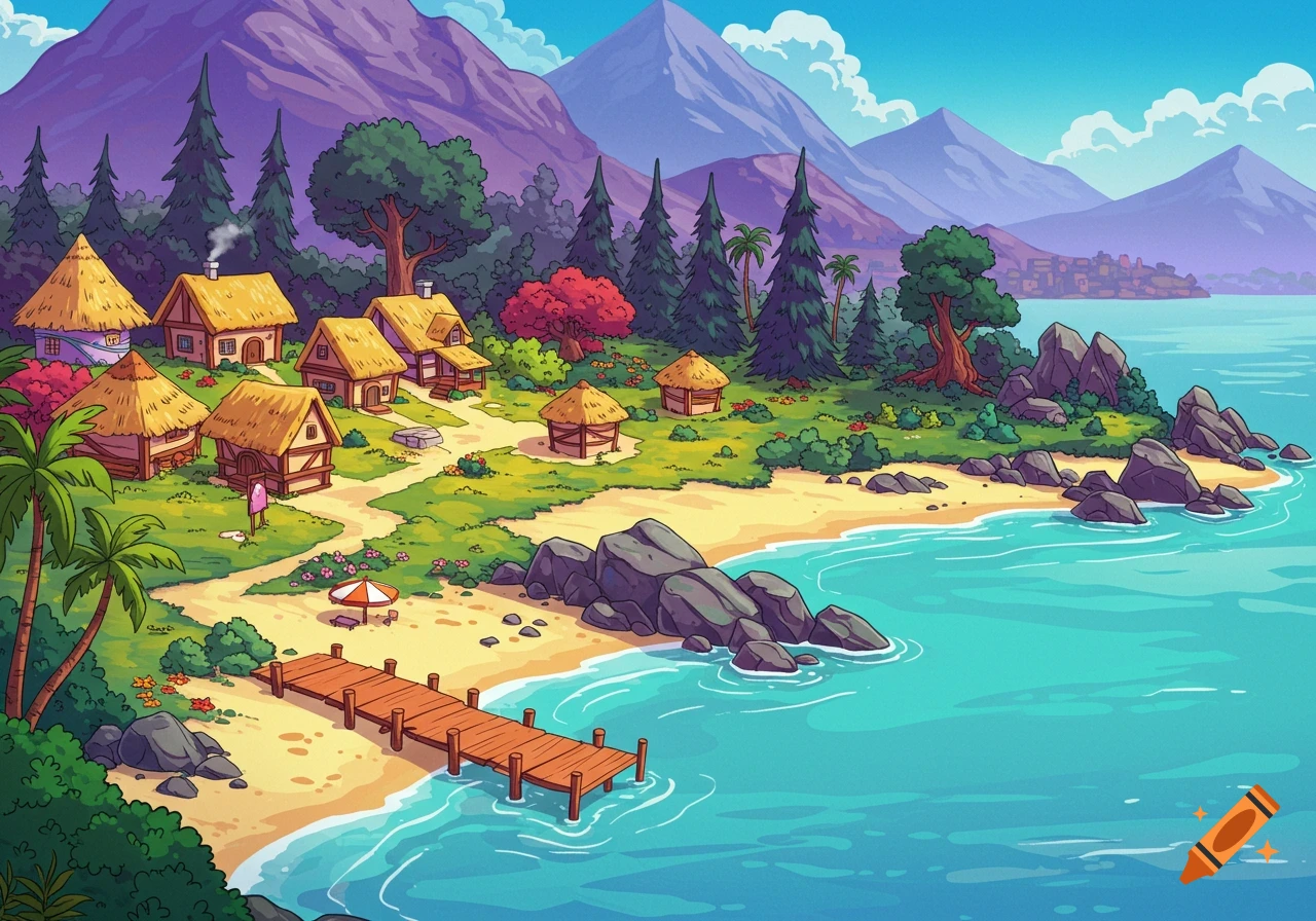 A vibrant cartoon landscape of an island village with thatched-roof houses, a sandy beach, a wooden dock, lush forest, and towering mountains under a blue sky.