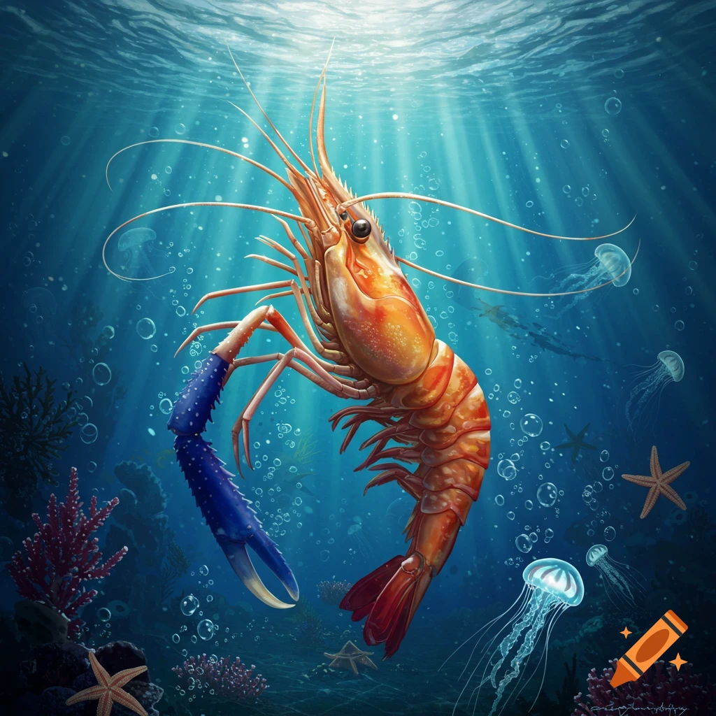 A majestic orange and blue shrimp swims in a sunlit ocean, surrounded by jellyfish, coral, and starfish.
