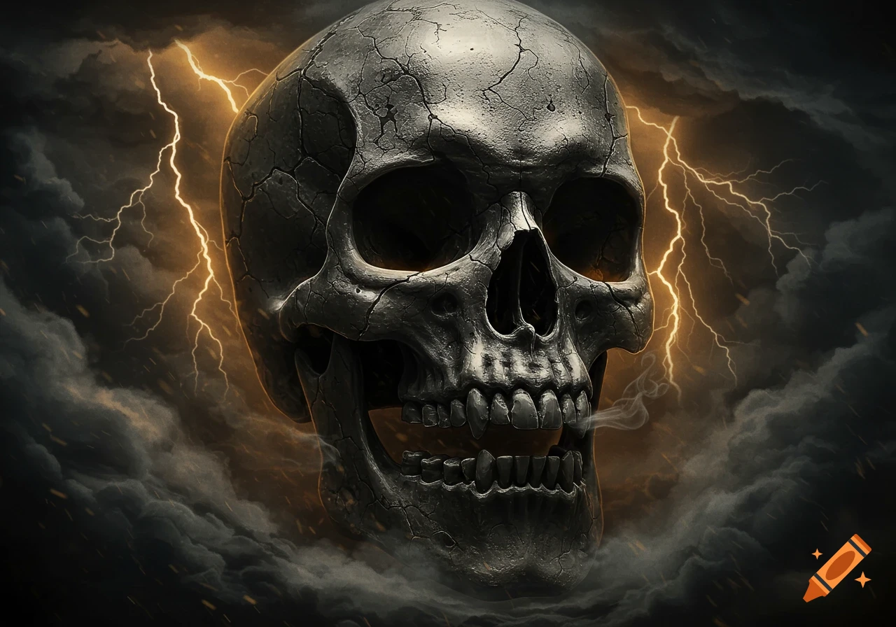 A detailed, cracked skull emerges from dark smoke, illuminated by golden lightning bolts against a stormy sky.
