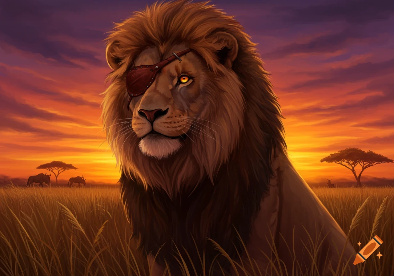 An illustrated lion with a brown eye patch sits in tall grass during a savanna sunset, with acacia trees and other animals in the background.
