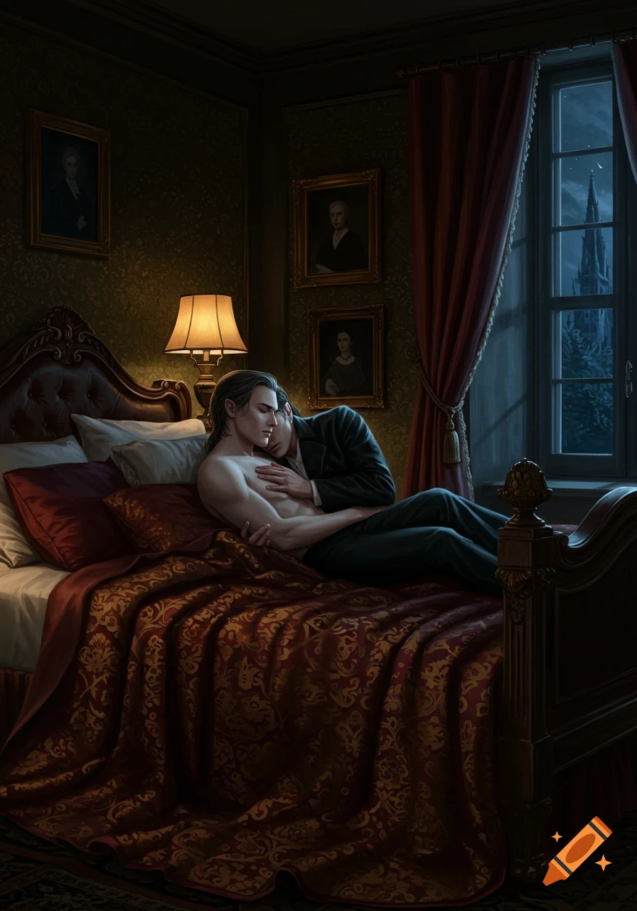Two men, one shirtless and one in a suit, cuddle intimately in an opulent, dimly lit bedroom, a gothic spire visible outside the window.