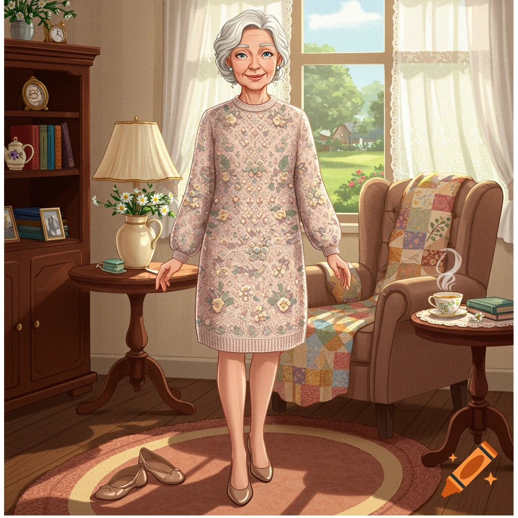 Illustrated portrait of a smiling elderly woman in a floral sweater dress and pumps, standing in a sunlit cozy living room.